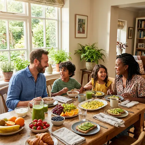 Family Breakfast Scene: Healthy Foods and Warm Conversations