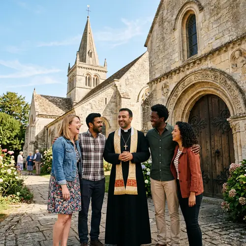 Priest's Gathering at Ancient Church with Diverse Friends