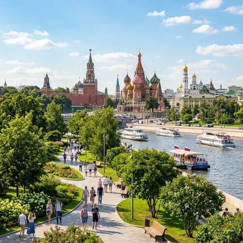 Tranquil Day in Moscow: Serene Park, Majestic Cathedral, and River Views