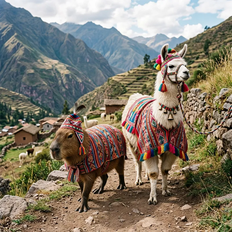 Brown Capybara in Andean Outfit with Llama