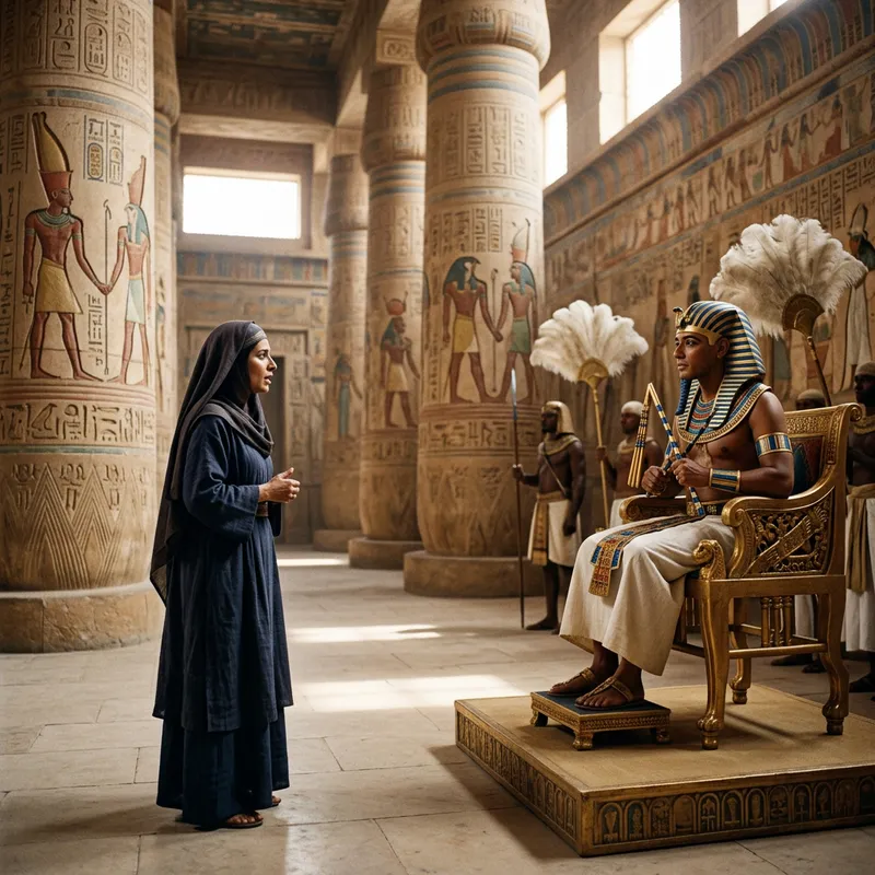 Veiled Woman Speaks to Pharaoh in Grand Palace