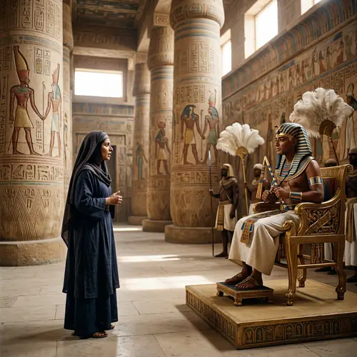 Veiled Woman Speaks to Pharaoh in Grand Palace