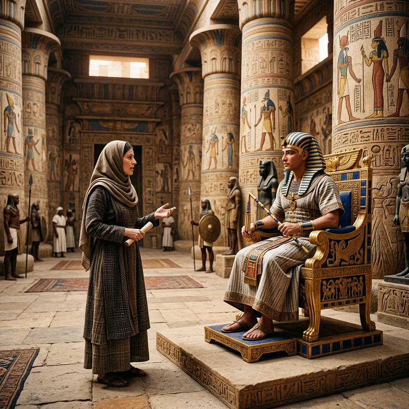 Caucasian Woman Converses with Pharaoh in Grand Palace Caucasian Woman Converses with Pharaoh in Grand Palace