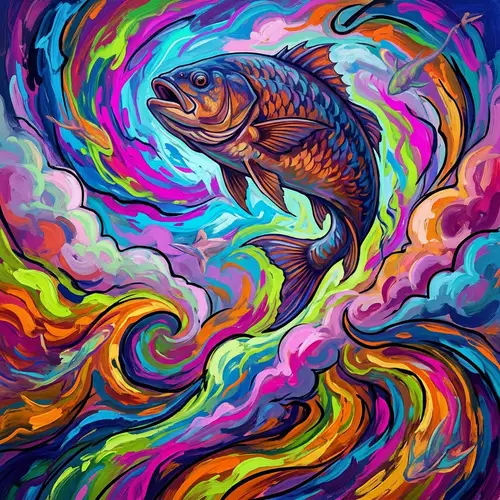 Surrealistic Painting of Giant Fish in Vibrant Colors