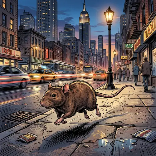 Energetic Rat Running in City Street - Comic Book Illustration