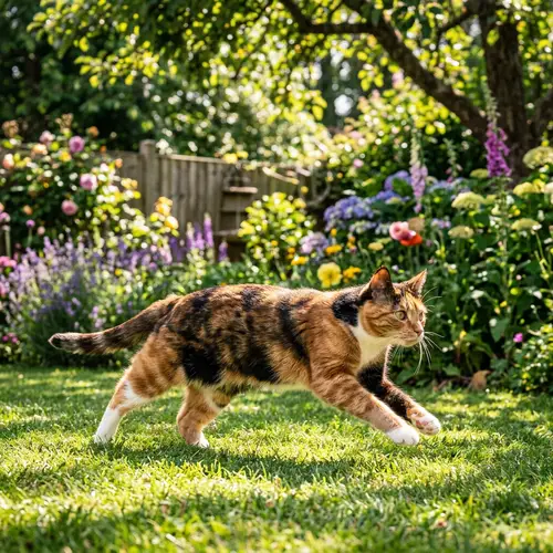 Energetic Calico Cat Running in Sunny Backyard
