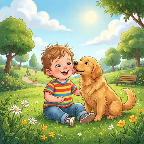 Joyful Toddler Cartoon with Golden Retriever | Heartwarming Scene