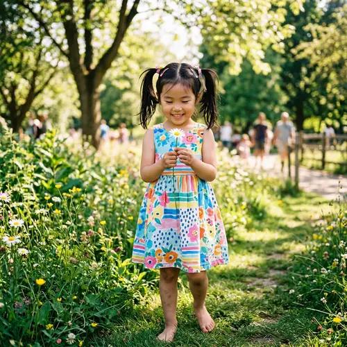 Adorable Asian Girl Playing in Sunny Park with Daisy