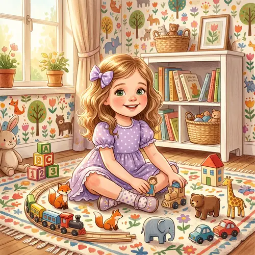 Charming Illustration of a Small Girl Playing Happily with Wooden Toys