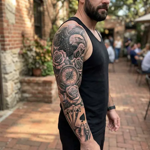 Realistic Full Arm Tattoo with Roses and Eagle