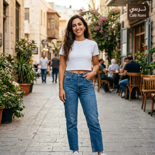 Middle-Eastern Woman in White Crop Top and Blue Jeans Smiling | Fashion Photo