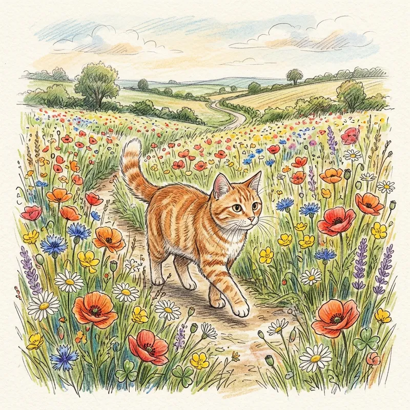 Ginger Cat Amid Flower Fields - Hand Drawn Sketch Ginger Cat Amid Flower Fields - Hand Drawn Sketch