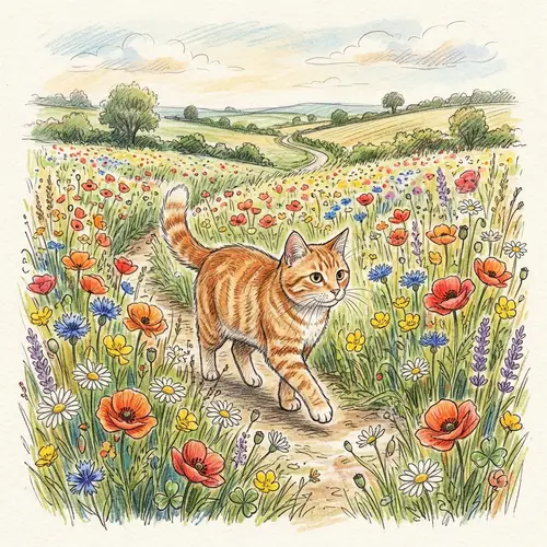 Ginger Cat Amid Flower Fields - Hand Drawn Sketch