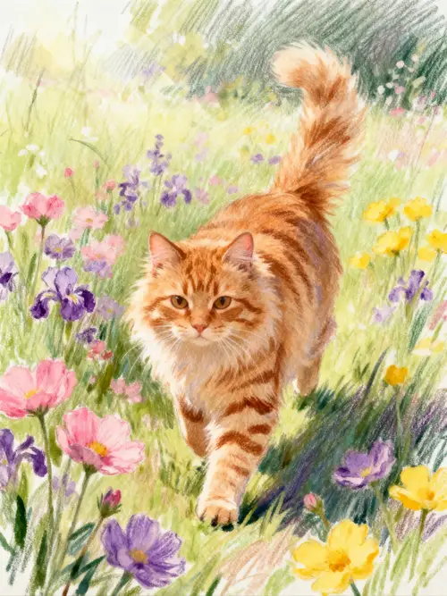 Ginger Cat Amid Flower Fields - Hand Drawn Sketch