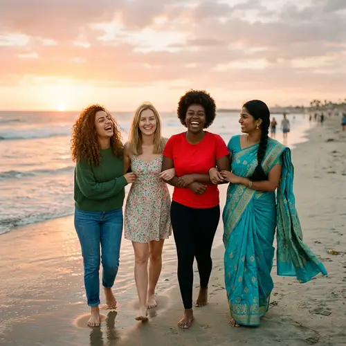 Diverse Female Friends Enjoying Sunset Beach Hangout