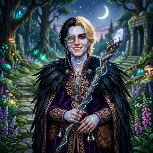Eccentric Druver Character: Two-Toned Hair, Lunar Tattoos, and Enchanted Attire