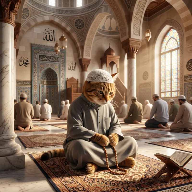 Human-like Cat in Mosque Prayer Row - 3D Ultra HD Human-like Cat in Mosque Prayer Row - 3D Ultra HD