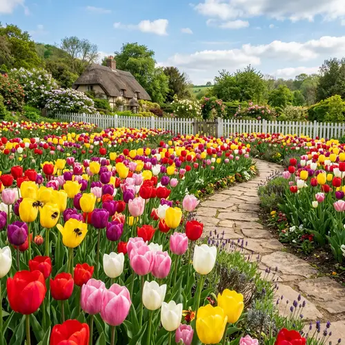 Vibrant Tulip Garden View | Colorful Bloom & Sunlit Scene