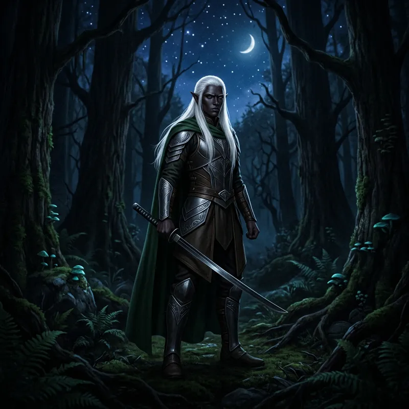 Majestic Dark Elf Warrior in Mysterious Forest