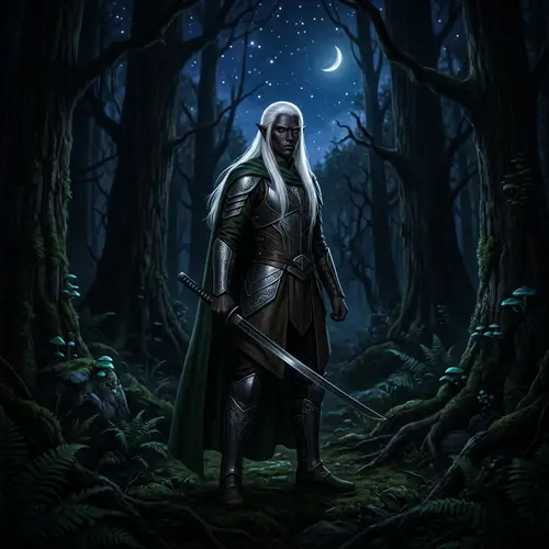 Powerful Dark Elf with Katana in Enigmatic Forest