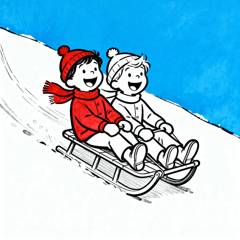 Joyful Winter Fun: Kids Sliding on Sleds Illustration