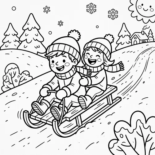 Joyful Winter Fun: Kids Sliding on Sleds Illustration