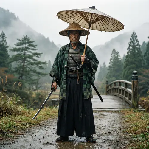 Samurai in Black Pants and Plaid Robe