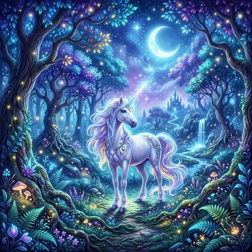 Majestic Unicorn in Moonlit Fantasy Forest | Ethereal Artwork