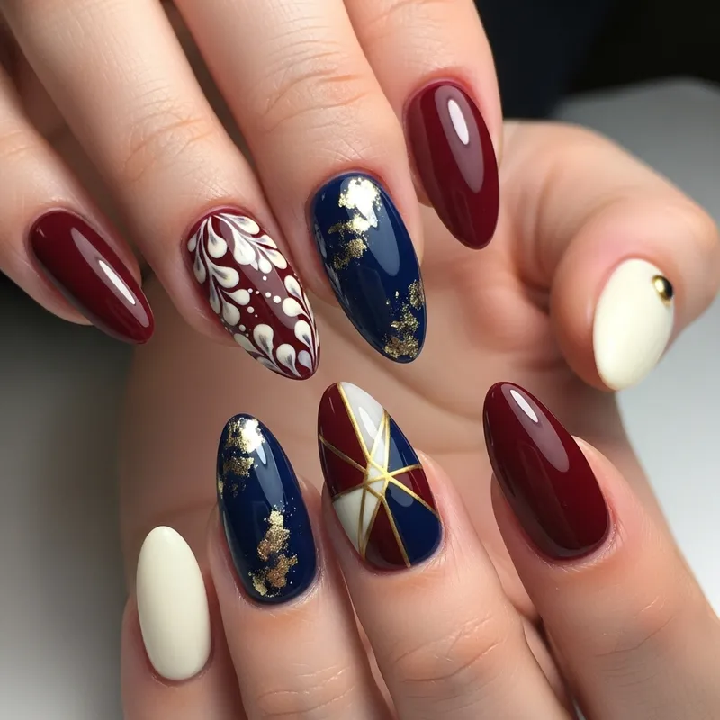 Stunning Nail Art in Burgundy, Navy Blue & Cream