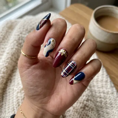 Stunning Nail Art in Burgundy, Navy Blue & Cream