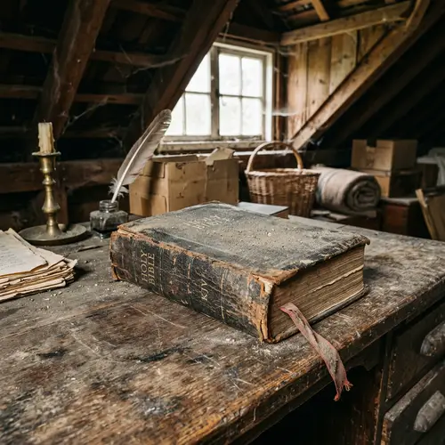 Dusty Bible on Attic Desk - A Timeless Discovery