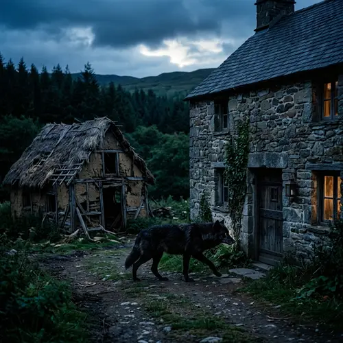 Crumbling Straw House and Approaching Wolf