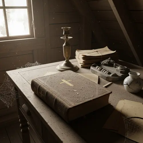 Dusty Bible on Attic Desk - A Timeless Discovery