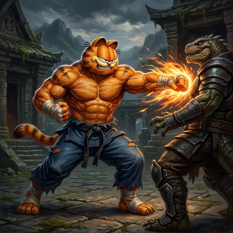 Gigachad Garfield Cat Bodybuilder in Epic Street Fighter Battle