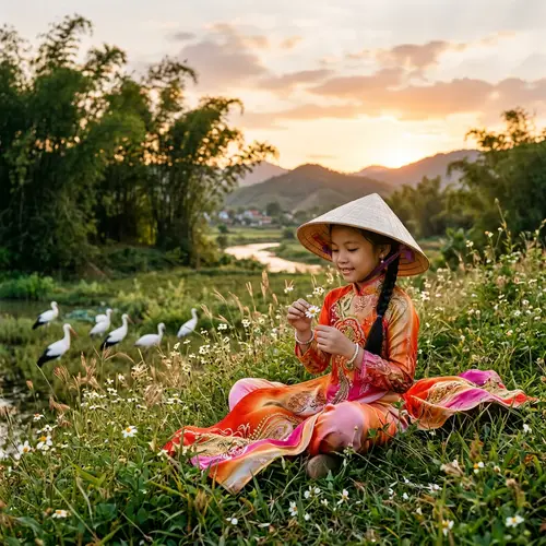 Vietnamese Girl in Ao Dai Picking Daisy Petals in Meadow