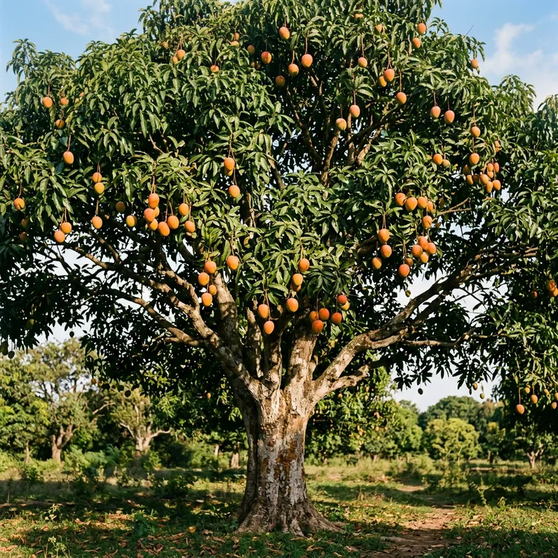 Vibrant Mango Tree - Peaceful Scene of Lush Canopy and Ripe Fruit Vibrant Mango Tree - Peaceful Scene of Lush Canopy and Ripe Fruit