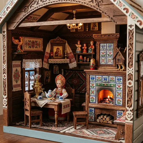 Russian Style Dollhouse Interior with Traditional Decor
