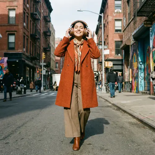 Stylish Hispanic Woman With Big Headphones Walking in Urban Street