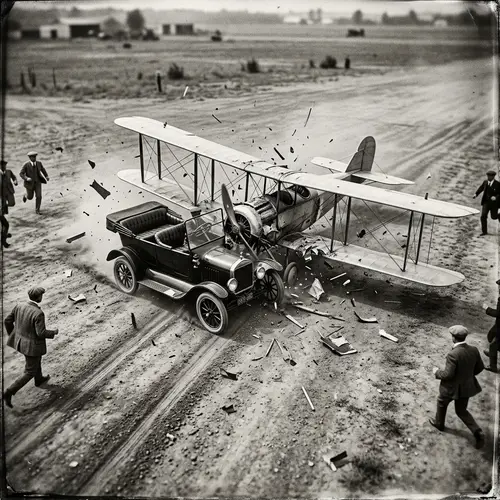 Vintage Car and Small Plane Collision Spectacle