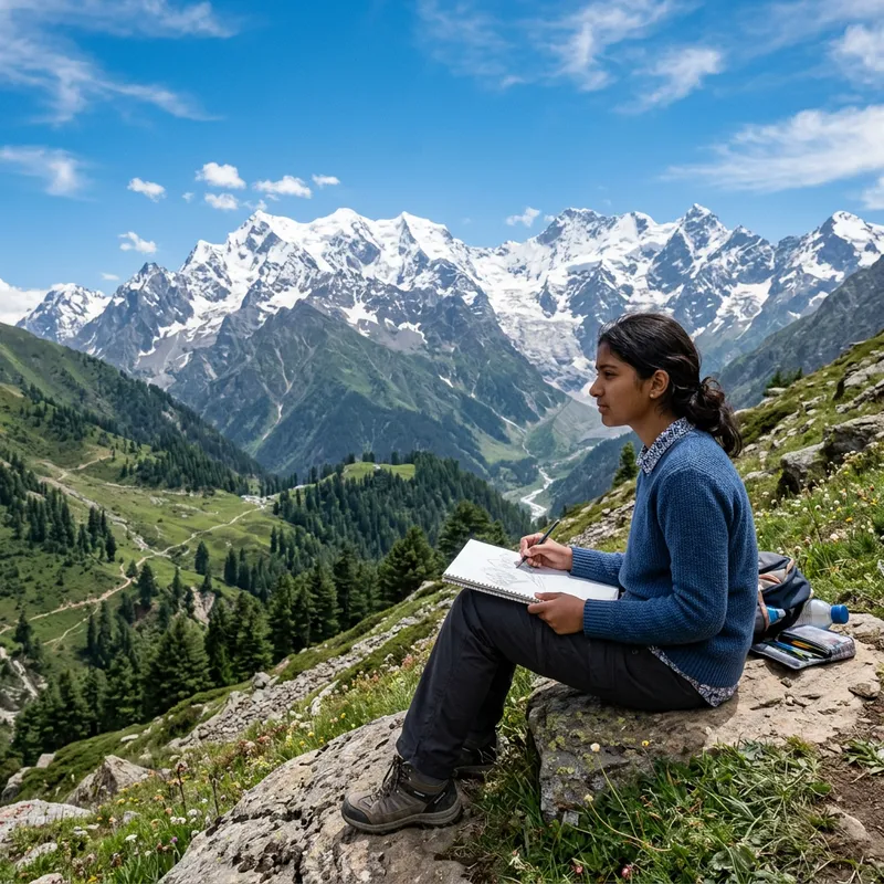 Girl Drawing in High Mountains: Capturing Serene Beauty
