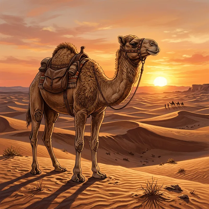 Detailed Camel Illustration in Natural Desert Habitat Detailed Camel Illustration in Natural Desert Habitat