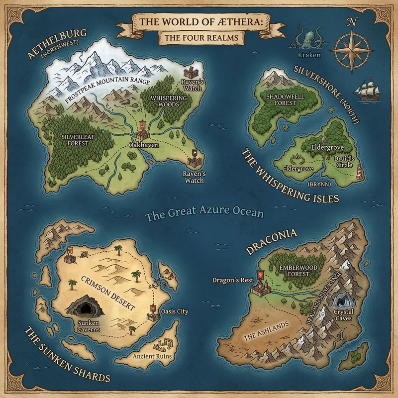 Fantasy Game Map: Four Islands & Diverse Landscapes