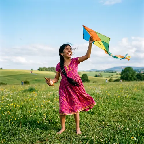 Young South Asian Girl Flying Multicolored Kite in Green Meadow