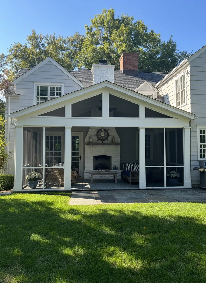Coastal New England Screened Porch with Fireplace