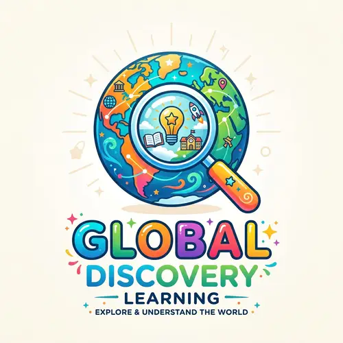 Vibrant Logo Design with Globe & Magnifying Glass