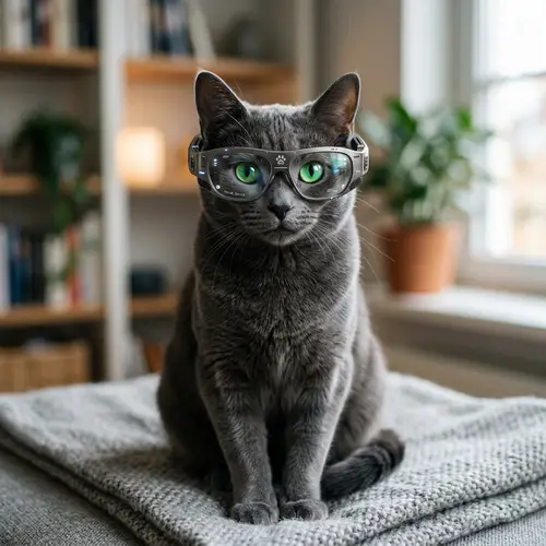 Sleek Grey Fur Cat Wearing Futuristic Glasses | Tech-inspired Imagery
