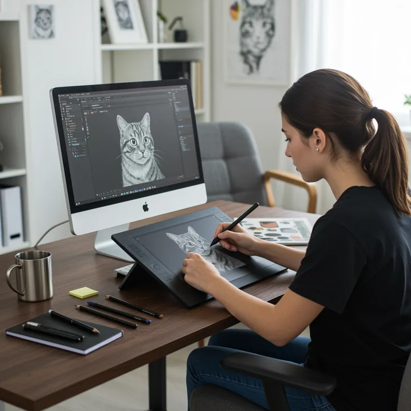 Artist Sketching Cat Portrait in Digital Studio