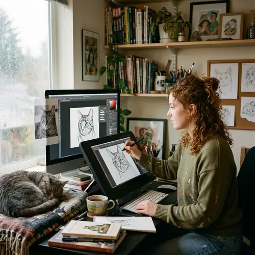 Artist Sketching Cat Portrait in Digital Studio