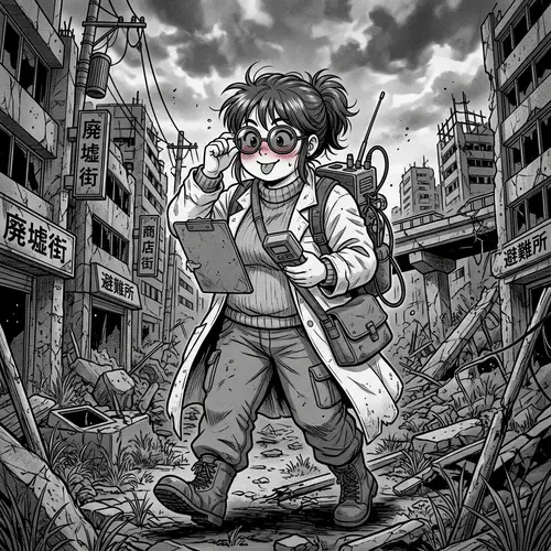 Urban Post-Apocalyptic Anime Girl Scientist Exploring | 90s Artstyle