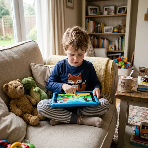 Young Boy Playing with LCD Tablet in Brightly Lit Room